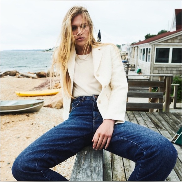 ZARA Cream / white blazer jacket Rhinestones Classy Simple Tweed Sz M - Picture 3 of 16